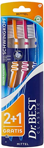Dr.BEST Schwingkopf Zahnbürste, Mittel, Vorteilspack (2 + 1 Gratis) | Passt sich an den Verlauf der Zahnreihen-und kontur an für Reinigung unebenee Oberflächen. Farbe variiert.