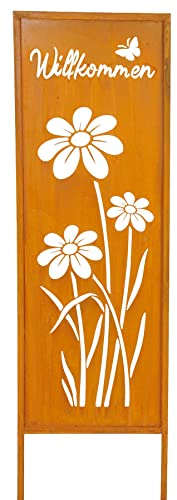 levandeo Gartenstecker Willkommen H83cm Stele Rost Rostdeko Braun Schmetterling Garten-Deko Gartenstecker Gartenstele Edelrost Gartenschild Blume