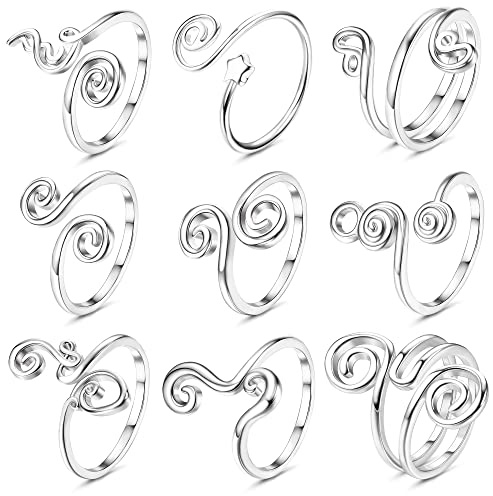 FIBO STEEL 9 Pcs Adjustable Toe Rings for Women Open African Toe Rings Summer Beach Foot Jewelry Silver-Tone