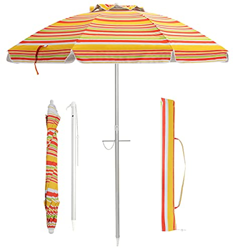 TANGZON 2M Garden Parasol, Portable Tilting Beach Umbrella with Carry Bag and Lockable Handle, UPF50+ Sun Protection Outdoor Sunshade Shelter for Pool Patio Backyard (Red+ Yellow)