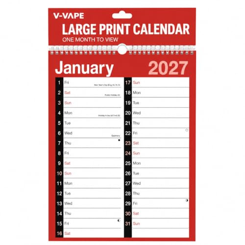 V-VAPE 2026 A4 2 Column Spiral Bound Month Wall Planner Calendar for Home Business Office School