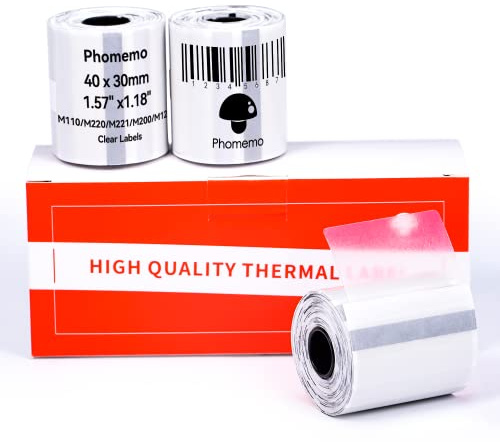 Phomemo 3 Rollen Transparentes Etiketten für M110/M220, 40x30mm, 690 PCS | Phomemo Wasserfestes Selbstklebendes Thermo Etiketten für M110/M220/M108/M221, für Schule, Heim, Büro, Transparentes
