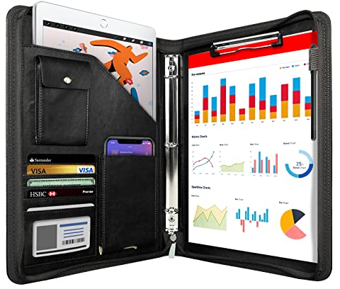 WRIYES Leder-Konferenzmappe mit Reißverschluss – Organizer mit 3-Ring-Mechanik, ideal für iPad, Dokumente, Handy & Visitenkarten – Professionelle Businessmappe für Damen und Herren (Schwarz)