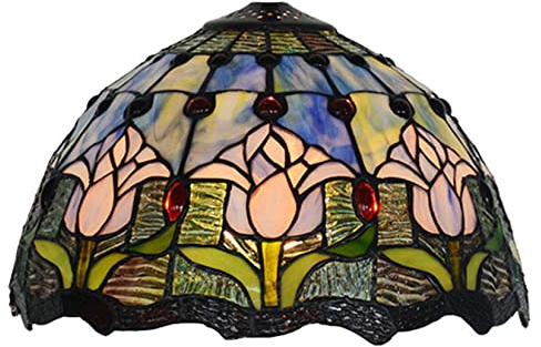 BOTOWI Tiffany Tulip Floral Lamp Shade Replacement Only 12 Inch Wide Stained Glass Lampshades with Cap, Retro Pastoral Lamp Cover Accessories Fit for Table Lamp Pendant Light Floor Lights,Red