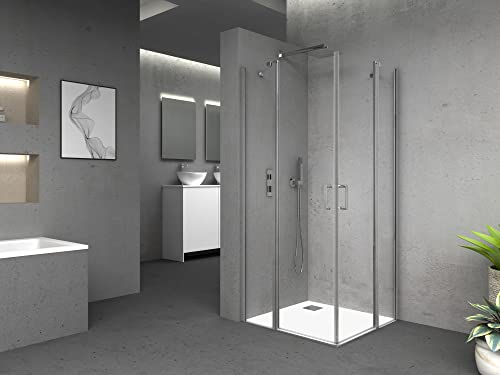 Marwell Eckeinstieg NEPTUN II 90x90x195 cm Eckdusche mit Hebe-Senkmechanismus und hochwertigen Aluminiumprofilen in chrom Duschabtrennung mit Abperleffekt Dusche mit Pendeltüren
