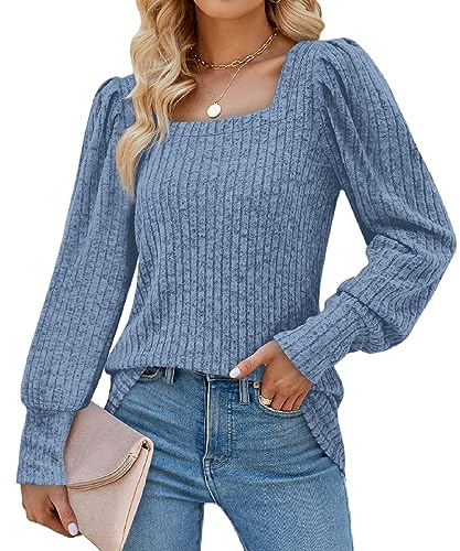 Aokosor Womens Long Sleeve Tops Ladies Square Neck Jumpers Puff Sleeves Sweatshirts Blue Size 14-16