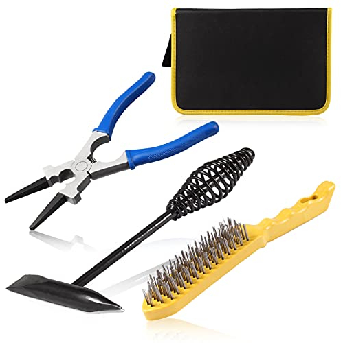 Juego de 4 alicates de soldadura, alicates MIG de 8 pulgadas, martillo de soldadura de 10 pulgadas con mango de resorte, herramienta de eliminación de escoria de cepillo de alambre de 10 pulgadas c
