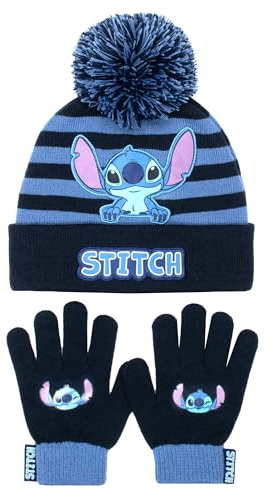 Disney Lilo & Stitch Ensemble bonnet et gants d'hiver pour filles – Bonnet et gants chauds et confortables – Parfait pour les enfants âgés de 6 à 12 ans