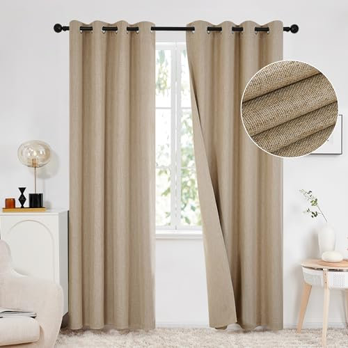 Deconovo Full Blackout Curtains with Double-sided Faux Linen, Eyelet Curtains 84 Inch Drop for Living Room, Taupe, 52x84 Inch(Width x Length), 2 Panels