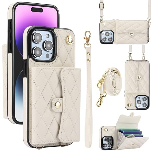 XIZYO Leder Crossbody Geldbörse Hülle für iPhone 15 Pro, Weiß | Brieftasche Handyhülle, mit Verstellbarem Abnehmbarem Umhängegurt, mit Kartenhalter, Einfarbig Stoßfeste, für Frauen Mädchen