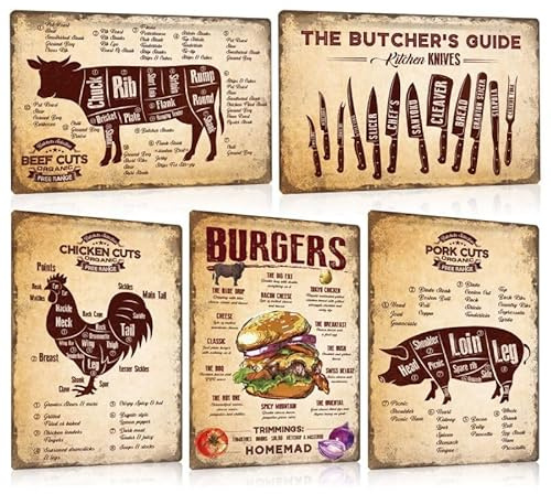 5er Set Blechschilder Retro Essen - BURGERS REZEPTE - BUTCHER GUIDE - BEEF CHICKEN PORK CUTS - Metall-schild grillen Deko für Restaurant Küche Wanddekoration 20x30cm