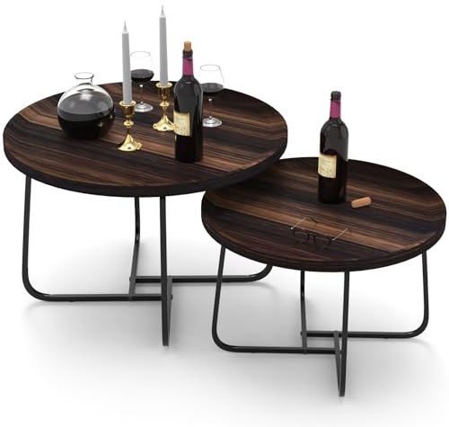 JIJIAN 2er Set Beistelltisch, Runde Couchtische aus Holz mit Metallbeinen, Wohnzimmertisch, Sofatisch, Stilvolle Satztische für Wohnzimmer, Balkon und Büro (70X70X45cm+50X50X38cm)
