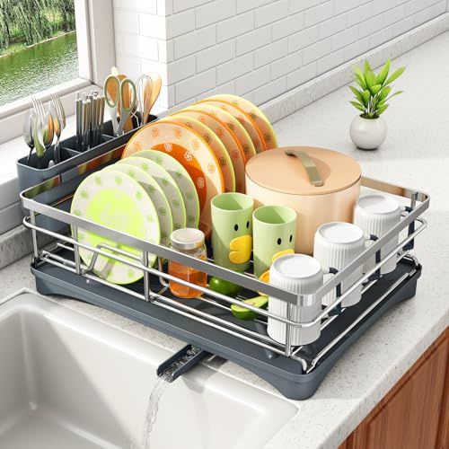SAYZH Dish Drying Rack for Kitchen Counter with Utensil Holder, Silver