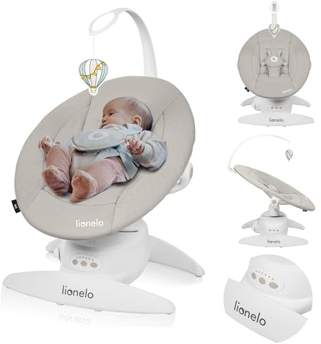 LIONELO Iris Elektrisch Babywippe 360o drehbar für Babys bis zu 9 kg Verstellbare Rückenlehne, 5 Wiegegeschwindigkeiten Rutschfester Sicherheitsgurt, 12 Melodien Bügel mit Spielzeug Babypflege