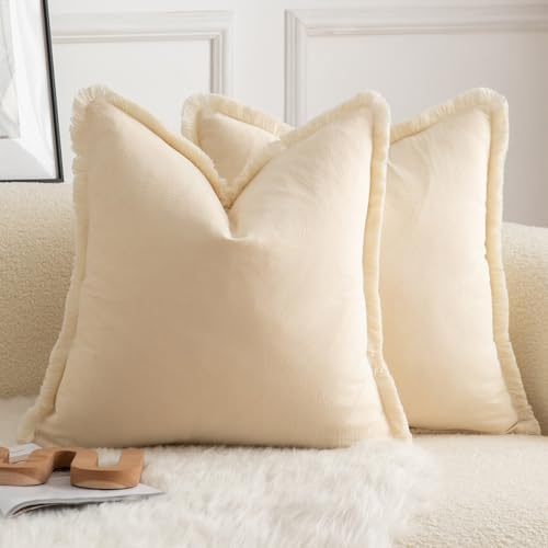 Mandioo 2er Set neutralen Baumwolle Quasten Kissenbezug 50x50cm Dekorative Kissenbezüge Dekokissen Boho Sofakissen Kissenhülle für Couch Sofa Schlafzimmer Wohnzimmer Heimdekoration Beige