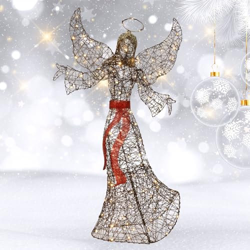 5' Rattan-Engel-Weihnachtsdekoration für draußen – beleuchteter Engel-Weihnachtsdekoration mit 120 LED-Lichtern für draußen, Elegantes geflügeltes Weihnachtsornament für den Rasen