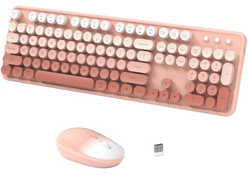 Wireless Keyboard Mouse Combo - 2.4Ghz Cute Colorful Keyboard and Mouse Wireless - 104 Keys Full Size Retro Typewriter Keyboard for Laptop, Computer, PC, Notebook, Windows, Mac OS Pastel Pink