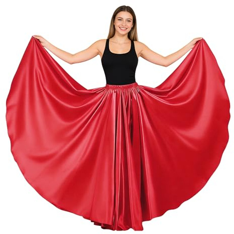Women Satin Full Circle Ankle Length Swing Long Skirt Maxi Shiny Skirt for Party Cosplay Belly Dance Performance Costume (360 Degree, Red)