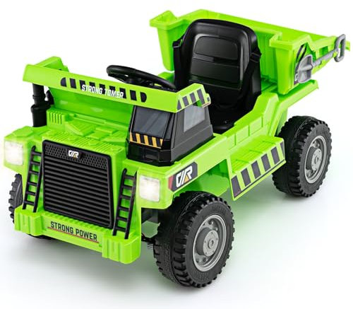 GYMAX 12V Kids Ride On Car, Children Electric Construction Vehicle with Remote Control, Adjustable Dump Bed, Shovel, Light, Music, MP3, USB and Soft Start, Ride On Dump Truck for Boys Girls (Green)