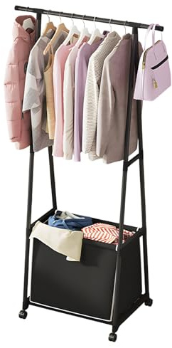 Sonew Kleiderständer, 2 in 1 Garderobenständer mit Wäschekorb, Kleiderstange mit Rollen, Kleiderständer für Schlafzimmer, Waschküche, Wohnzimmer (Schwarz)