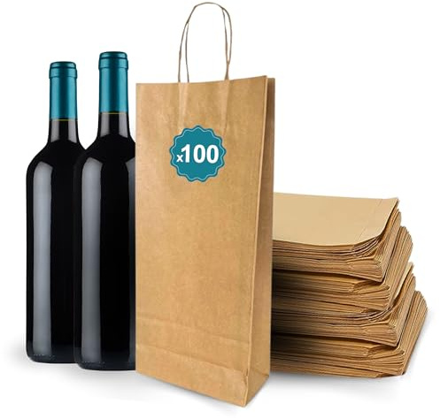 Espirito Rebelde 100 påsar för 2 vinflaskor 18 x 8 x 34 cm | Elegant design, säker transport med förstärkta handtag | Perfekt för vinbutiker, julklappar och helgdagar, Kraft, 18x8x34cm, Flaskväska