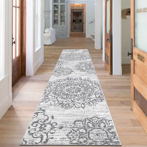 SHACOS Boho Läufer Teppich 60x240 cm Waschbar Teppichläufer rutschfest Langer Flur Teppich Läufer für Eingang, Küche, Schlafzimmer, Wohnzimmer, Grau