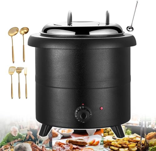 forplubossmmp Hervidor Eléctrico para Sopa, Capacidad De 13 L, Calentador De Alimentos De Acero Inoxidable con 5 Utensilios De Cocina Y 1 Cuchara Sopera para Papilla, Uso Comercial Y Doméstico,Black
