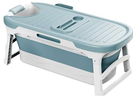 Bañera Portátil para Adultos, Bañera Plegable de Masaje y Vapor con Tapa, con Cesta para Jabón, Almohada para el Cuello, 136X62X52cm Gran Barrica de Remojo Gruesa, Baño Sauna Spa Caliente (Color:Azul)