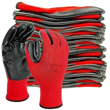 4Pairs Multifunctional Nitrile Coated Red Nylon Safety Gloves - Durable, Comfortable, and Chemical Resistant