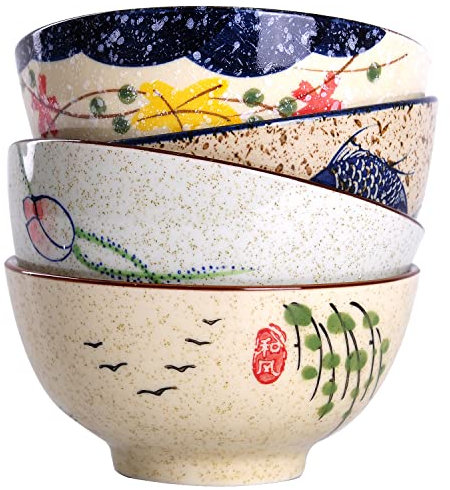 Mingsway Lot de 4 bols rétro chinois japonais créatifs peints à la main en céramique pour céréales et riz 11,4 cm