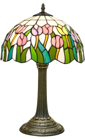 NUODITOS Tiffany Lamp Pink Orange Tulips Style Stained Glass Table Lamp Vintage Bedroom Bedside Light for Home Dorm Office Art Craft Antique Decor Accent Aesthetic Nightstand Reading Light