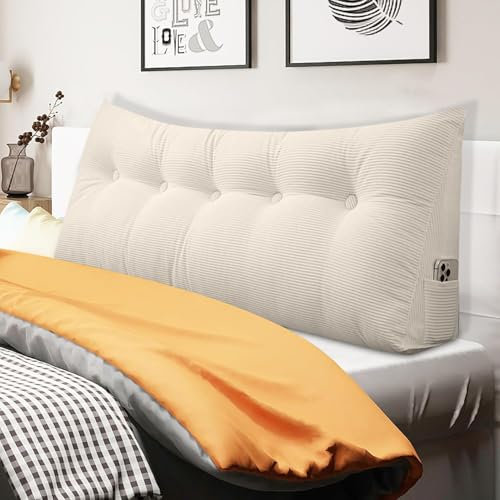 Rückenkissen Keilkissen für Bett & Sofa 80cm Beige Komfort Wandkissen mit Seitentaschen Waschbarer Bezug Perfekte Lesestütze für Sofa/Bett