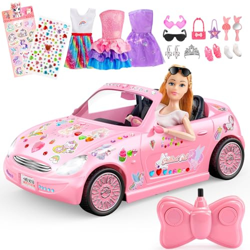 HappyGoLucky Ferngesteuertes Auto für Mädchen ab 3 Jahre – RC Spielzeug mit Puppen & Outfits, Zubehör + DIY Aufkleber zum Spielen
