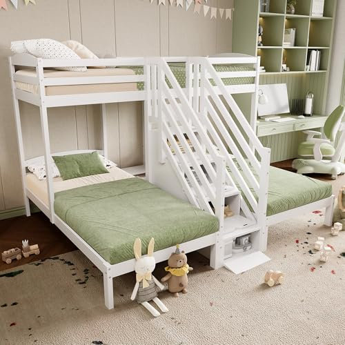 Arhatreya Lit d'enfant 90 x 200 cm, 3 lits, mezzanine avec échelle, lit en bois avec tiroirs, lit en bois avec balustrade, lit pour enfants, filles, adolescents (sans matelas) en bois de pin + MDF