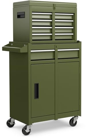 GYMAX Carrello per Attrezzi con Cassapanca Rimovibile, cassetta Portautensili a Rotelle con 5 Cassetti e Armadio a Ripiani Regolabile, per Garage, Officina (Verde)