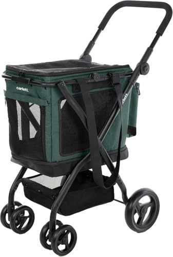 Carlett Chariot pour Animaux 3 en 1, Roues Pivotantes 360°, Résistant à l’Eau, Transporteur Compatible Siège Auto, Housse de Pluie et Sangle de Sécurité, Cube P, Verte