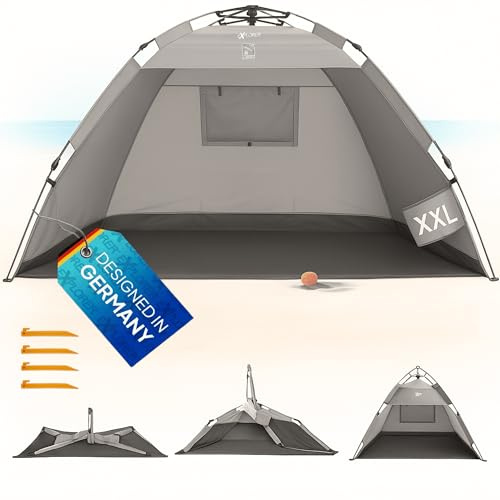 EXPLORER XXL Automatik Strandmuschel mit UV Schutz 80+ [220x150x130cm] kleines Packmaß leicht und schnell in Sekunden aufgebautes Strandzelt Sonnenschutz Muschel automatisch Windschutz grau