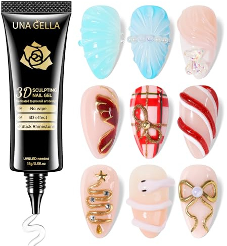 UNA GELLA 3D nagellim nagelkonst, 3D nagelgel skulpteringsgel 15 g, 4-i-1 No-Wipe klar gel för nagelspetsar, krom-pulver, nagelberlocker, ritningar och gör-det-själv nageldesign – UV/LED-härdning