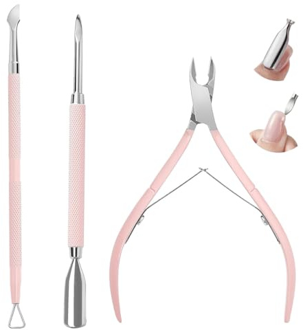 Ruayia 3 Stück Nagelhautzange Set, Nagelhaut Trimmer mit Nagelhautentferner, Edelstahl Nagelhautschieber und Nagelhautzange und Nagelschaber, Professionelles Werkzeug für Maniküre und Pediküre - Rosa