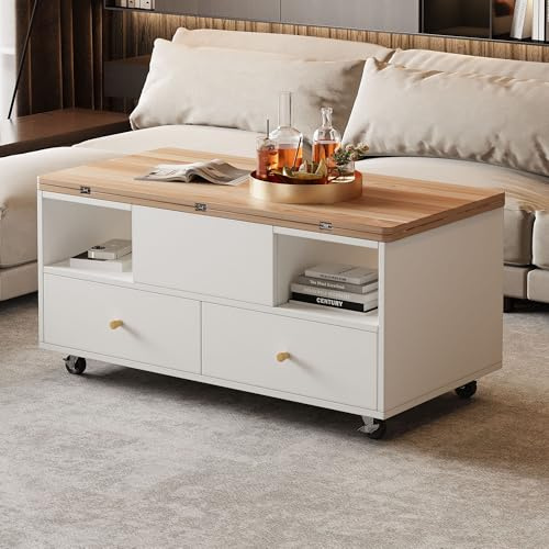 mesa de centro ajustable en altura con función plegable y 4 cajones, 50 x 100 cm, elevadora hidráulica grande y pequeña, salón móvil con ruedas universales