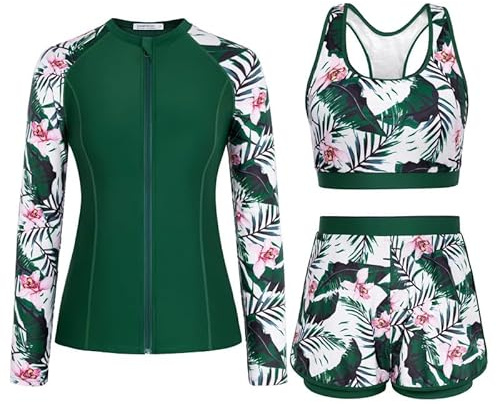 JASAMBAC 3-Teiliger Rash Guard Set Badeanzug Damen Bauchweg Langarm Badeshirts Bikini Oberteil Und High Waist Badeshorts Reißverschluss Bademode Surfanzug Sport Schwimmanzug