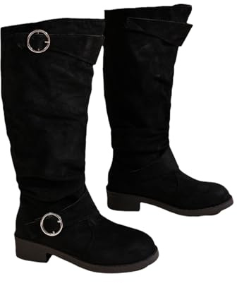 Slouchy mocka fuskknähöga, bred vad tjock sula höga stövlar kvinnor rund tå dra på höst vinter platta stövlar, Varm 4, 36.5 EU Bred