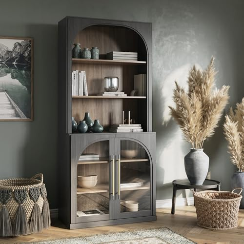 BELLEZE Tall Arched Storage Cabinet with Hutch,Modern Bookcase withOpen Shelves,Freestanding Display Shelf with Fluted Design,Wood Highboard for Living Room,Kitchen Pantry,Home Office - Ebony