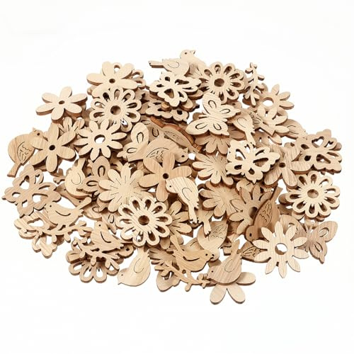 100 Stück Streudeko Holz Blumen Scheiben, Streudeko Holzs Klein Holzkonfetti Zum Basteln Hochzeitsdeko Tisch Holz Schmetterlinge Blumen Vögel Dekoration Für Weihnachten Geburtstag Hochzeit