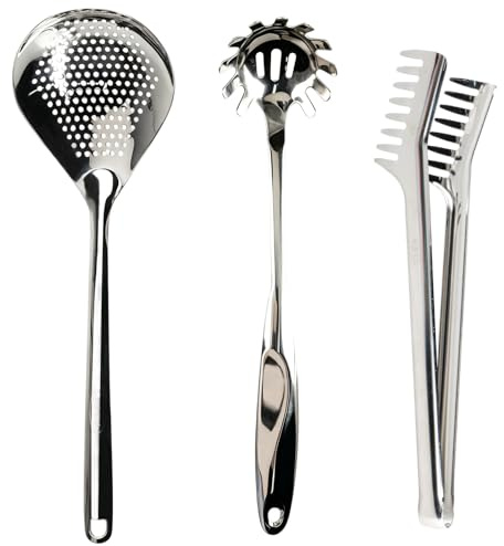 YunBey Juego de Utensilios para Pasta de Acero Inoxidable 304, Pinza para Espaguetis, Cuchara para Pasta y Espumadera, Calidad Alimentaria, Antióxido, Lavable en Lavavajillas, Resistente al Calor, Man