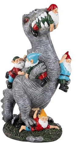 Relaxdays trädgårdsfigur, T-Rex som äter trädgårdstomtar, väderbeständig dekor, kolonilott, polyresin, 28,5 cm, färgglad