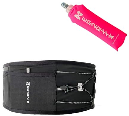 Ceinture Trail Running Mixte Noir – Ceinture Hydratation Sport avec Poche Smartphone Zippée (6,1”) + Flasque 500ml – 2 Poches Extensibles – Ajustable (avec Flasque Rose)