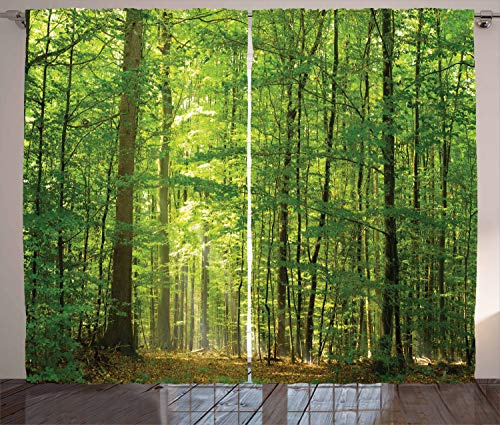 ABAKUHAUS Wald Rustikaler Gardine, Laub Wald Sommer, Schlafzimmer Kräuselband Vorhang mit Schlaufen und Haken, 280 x 225 cm, Braun Grün