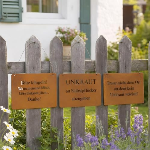 levandeo 3er Set Wandbilder Sprüche 18x13cm Eisen Schilder Braun Garten-Deko Türschild Edelrost Rostdeko Wanddeko