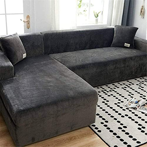LINGKY Sofabezug Ecksofa L Form Stretch Samt Sofa Überzug Universal Couchbezug Für 1/2/3/4 Sitzer Waschbar Sofa Überwürfe (L Form Ecksofa Erfordert Zwei) - Sofabezug 3 Sitzer, Grau
